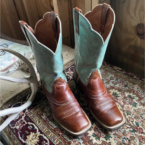Ariat Mesquite Aquamarine Blue Cowboy Leather Roper Packer Boots Square Toe 7 - Picture 2 of 16